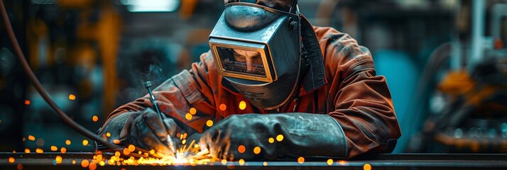Welder at work in the workshop. He is welding metal.