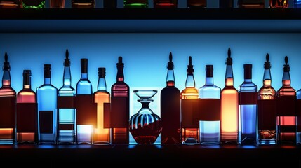 Silhouette of many bottles on the bar shelf with blue background