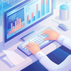 person typing on computer with data charts