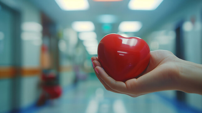 The doctor's hand is holding a red heart shape in a hospital setting, symbolizing love, and generosity, World Heart Day, World Health Day, CSR donations, and insurance concepts.
