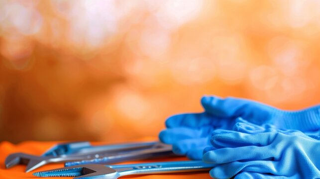 Labor Day banner with blue gloves and tools on a blurred orange background, ready for ad text space.