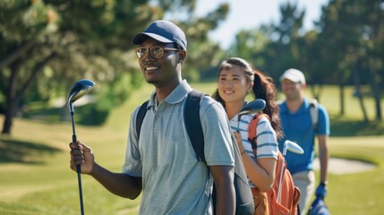 multiethnic golf players with golf clubs in bags walking on golf course