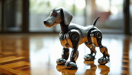 A robo dog in the foreground on a bright parquet floor, in a room, with empty space for text.