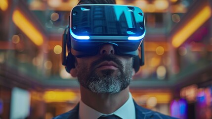 Close-up of a businessman using a virtual reality headset to navigate digital trade platforms 