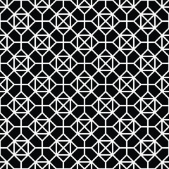 Abstract vector geometric seamless pattern. Black and white background. Monochrome texture with grid, lattice, mesh, lace, grating, fence, net. Modern graphic repeat pattern. Elegant ornament design