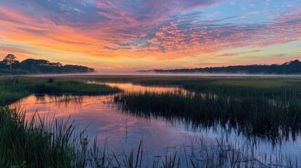 Obraz premium Serene Sunrise Over the Marsh - Tranquil Morning Landscape with Golden Light Reflecting on Marsh Water