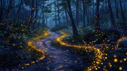 Obraz premium Enchanting Fireflies: Illuminating a Dark Forest Pathway at Twilight