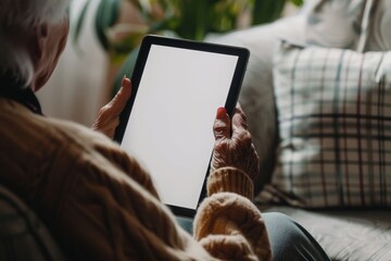 App mockup shoulder view of a senior woman holding an ebook with an entirely white screen