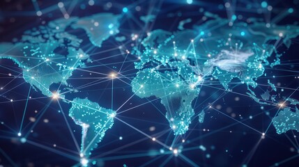 This digital illustration illustrates a world map whose lines and nodes are interconnected as well, symbolizing the network of global business networks around the world