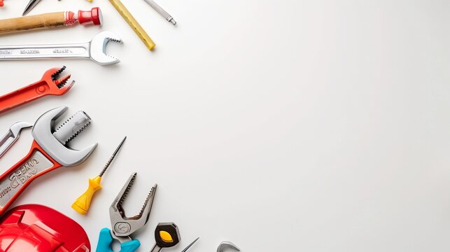 Labor Day celebration with construction tools on a plain white background, ample copy space for text, minimalist design.