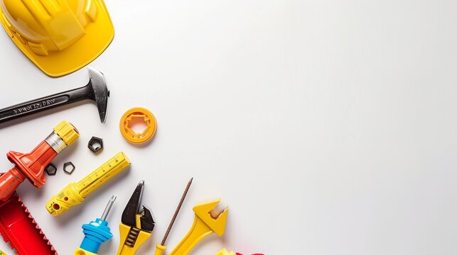 Labor Day celebration with construction tools on a plain white background, ample copy space for text, minimalist design.