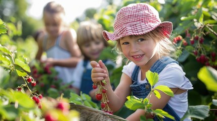 Joyful Kids Harvesting Fresh Berries: Smiling children picking ripe strawberries and blueberries at a sunny berry farm.