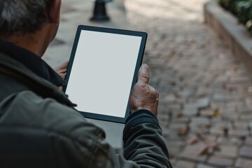 Display mockup from a shoulder angle of a middle-aged man holding an ebook with an entirely white screen