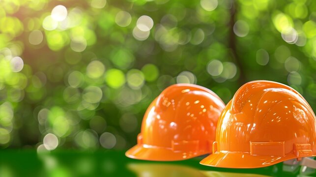 Labor Day celebration with orange safety helmets on a blurred green background, minimalist design for ads.