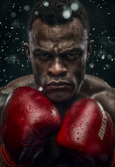  Intense action portrait of a professional black boxer fighting in the ring, wearing red gloves and sweating