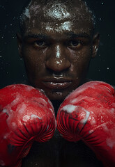  Intense action portrait of a professional black boxer fighting in the ring, wearing red gloves and sweating