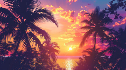 Obraz premium Summer background with a sunset sky and silhouette of palm trees