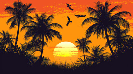 Obraz premium Summer background with a sunset sky and silhouette of palm trees