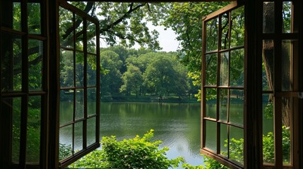 View from the window, green trees, landscape with lake.