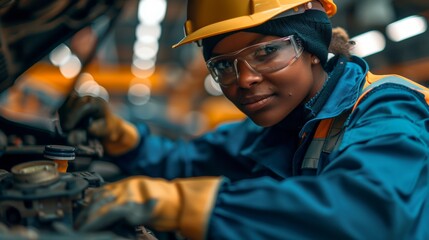 close-up, an auto mechanic fixing a car in an auto shop . Close-up portrait of african american female worker in uniform and safety glasses looking at camera while standing in auto repair shop