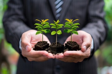 Businessman in suit holding coins there is an illustration of three small green trees growing on the stack of coins business success and growth concept