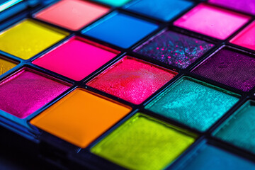 eye shadow makeup palette colors closeup on tray