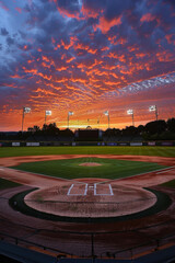 A vibrant sunset over a baseball field with stadium lights starting to illuminate the diamond.