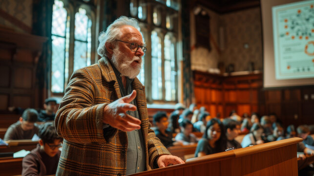 A man in a plaid jacket is standing in front of a large audience