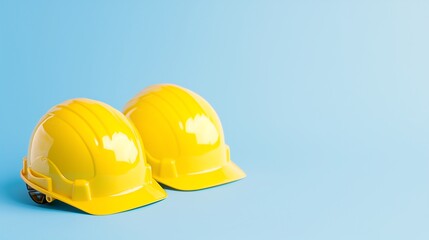 Fototapeta premium Stylish Labor Day ad image with yellow safety helmets on a plain blue background, ample copy space.