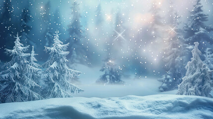 Fototapeta premium Winter background with twinkling stars and snow-covered trees