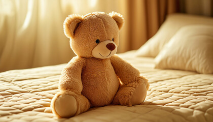 A teddy bear in the foreground on a bed with a light yellow quilt, in the bedroom, with empty space for text.