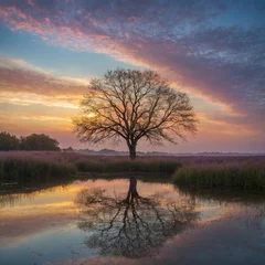 Papier peint photo  Solitary tree stands majestically at edge of calm body of water, perfectly reflected in mirror-like surface. Sky above stunning display of colors, transitioning from deep blues to warm oranges.  © Tamazina