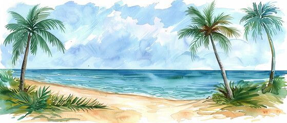 Vibrant watercolor palm trees on beach with ocean view, perfect for summer designs.
