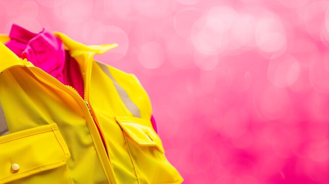 Stylish Labor Day ad image with yellow safety vests on a blurred pink background, ample copy space.