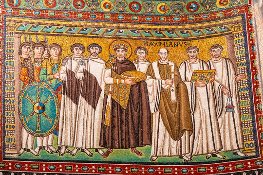 Mosaic of Emperor Justinian I in the basilica of San Vitale in the italian city of Ravenna