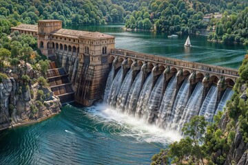An impressive, historical dam with a series of waterfalls cascading down its side, surrounded by lush greenery and a serene lake, with boats and a clear sky above.