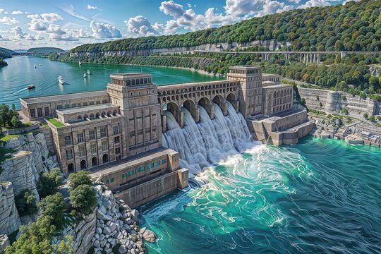 A grand, concrete dam situated between a lush hillside and a vast body of water. The dam features multiple arched spillways with cascading water, a central powerhouse.