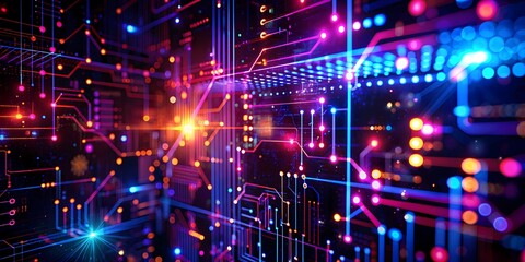 Obraz premium Vibrant Digital Abstract Design with Neon Colors - Futuristic, Cyberpunk, Tech-Inspired, Geometric, High-Resolution, Multicolored, Data Visualization, Sci-Fi, Glowing Lights, Tech Art Background