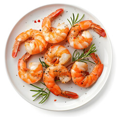 Top view Delicious shrimps on white plate isolated on white background