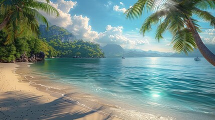 Tropical paradise beach with palm trees, turquoise water and blue sky. Concept of vacation, travel,...
