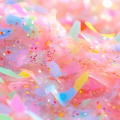 Fototapeta premium Colorful confetti background. Party popper releasing a burst of colorful confetti and streamers. Birthday themed background, glitter, bokeh, birthday, holiday, celebrate, festive.