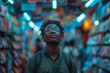 Fototapeta premium Man With Dreadlocks Looks Upward in Bookstore