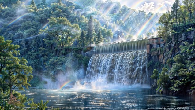 Enchanting waterfall flows over a dam in a lush forest setting, with multiple rainbows arching through the mist. Sunlight illuminates the scene, creating a magical atmosphere.