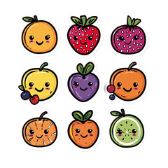 a cute cartoon style fruit stickers with simple line on transparent background
