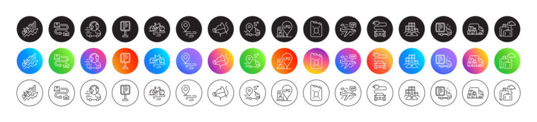 Delivery truck, Place and Parking line icons. Round icon gradient buttons. Pack of Bike, Training results, Vip flight icon. Tracking parcel, Delivery service, Truck parking pictogram. Vector