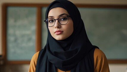 A young dark-haired teacher wearing a black hijab and glasses stands in a classroom. Close-up of a Middle Eastern female teacher in a school classroom