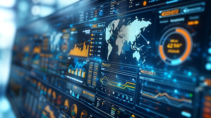 High-tech data dashboard with world map and various graphs, displaying global statistics and analytics.