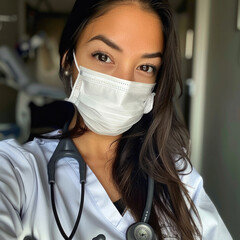 A woman wearing a white coat and a mask