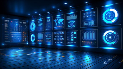 Futuristic control room with multiple digital screens displaying various data analytics and world maps.