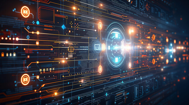 Futuristic digital interface with glowing circuits and neon blue and orange elements, creating a high-tech ambiance.